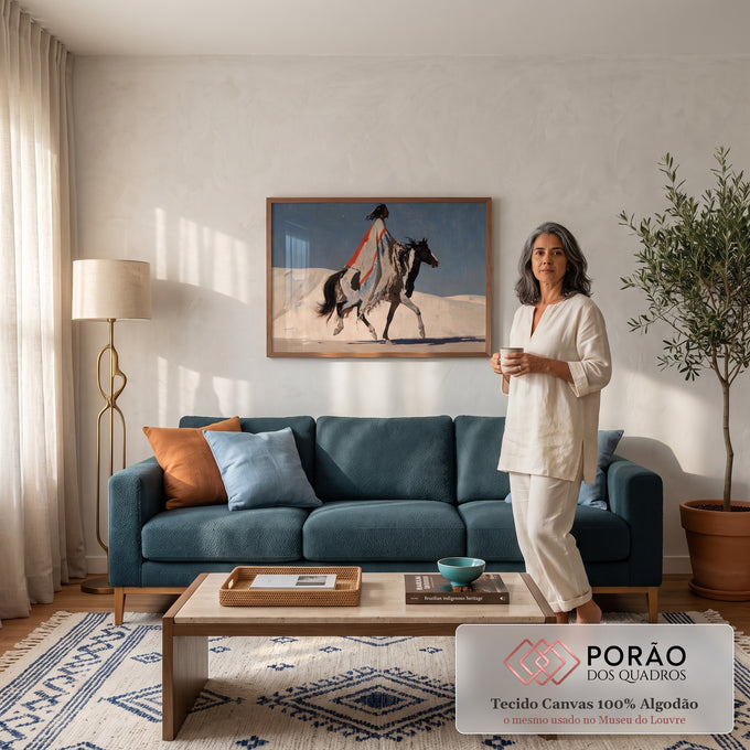 Quadro Decorativo Grande Guerreiro Indígena para Sala Azul | quadros decorativos para sala de estar | guerreiro indígena de perfil montado em cavalo preto e branco sob céu azul | em ambiente 3 | Porao dos Quadros