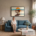 Quadro Decorativo Grande Mulher Surreal Laranja para Sala | quadros decorativos para sala de estar | perfil feminino com deserto lua e sol em camadas horizontais estilo vintage | em ambiente 3 | Porao dos Quadros