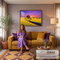 Quadro Decorativo Grande Campo com Árvore para Sala Amarelo | quadros decorativos para sala de estar | campo amarelo de flores com árvore roxa e céu de pôr do sol vibrante | em ambiente 3 | Porao dos Quadros