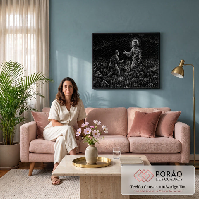Quadro Decorativo Grande Jesus Caminha para Sala Preto | quadros decorativos para sala de estar | Jesus com auréola estende a mão a um homem afundando no mar, em pontilhismo preto e branco | em ambiente 3 | Porao dos Quadros