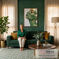 Quadro Decorativo Grande Rosto Feminino para Sala Verde | quadros decorativos para sala de estar | rosto feminino em perfil com textura de mármore verde e veios dourados, pássaros ao redor do pescoço | em ambiente 3 | Porao dos Quadros