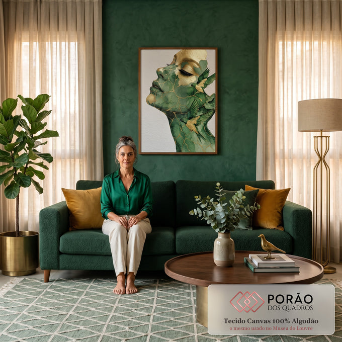 Quadro Decorativo Grande Rosto Feminino para Sala Verde | quadros decorativos para sala de estar | rosto feminino em perfil com textura de mármore verde e veios dourados, pássaros ao redor do pescoço | em ambiente 3 | Porao dos Quadros