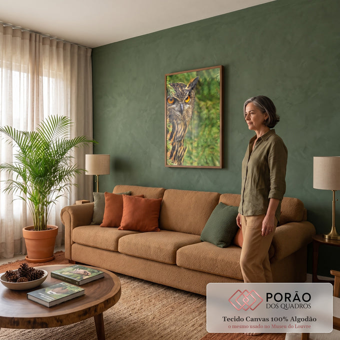 Quadro Decorativo Grande Coruja de Olhos para Sala Verde | quadros decorativos para sala de estar | coruja com olhos laranja intensos entre galhos verdes de pinheiro | em ambiente 3 | Porao dos Quadros