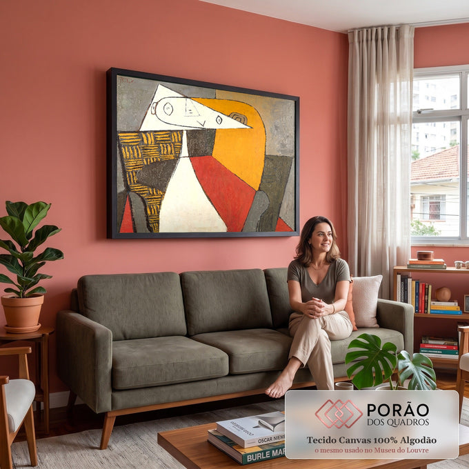 Quadro Decorativo Grande Retrato Cubista para Sala Laranja | quadros decorativos para sala de estar | retrato cubista com face triangular branca, fundo laranja, vermelho e cinza | em ambiente 3 | Porao dos Quadros