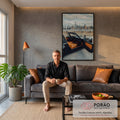 Porsche Targa preto aberto com bancos caramelo diante do skyline de Nova York, quadro decorativo