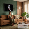 Dois rostos femininos cubistas em cinza e verde com lábios vermelhos e brinco de argola, fundo preto, quadro decorativo