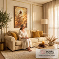 Quadro Decorativo Grande Jesus Cristo Luz Dourada para Sala | quadros decorativos para sala de estar | Jesus Cristo de manto branco e dourado com braços abertos entre nuvens iluminadas | em ambiente 3 | Porao dos Quadros