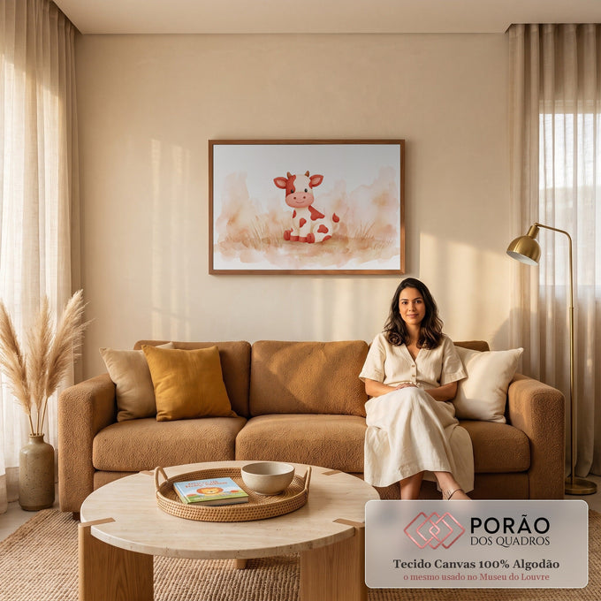 Quadro Decorativo Grande Bezerro de Bebê para Quarto de Bebê | quadros decorativos para sala de estar | bezerro fofo branco e vermelho em aquarela sentado sobre fundo terroso | em ambiente 3 | Porao dos Quadros