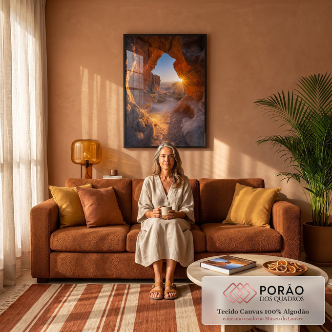 Gruta de arenito laranja no deserto com raios de sol atravessando a abertura, quadro decorativo