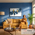 Quadro Decorativo Grande Borboleta Marinho para Sala Azul | quadros decorativos para sala de estar | borboleta em aquarela azul marinho e dourado com respingos de tinta sobre fundo branco | em ambiente 3 | Porao dos Quadros
