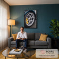 Quadro Decorativo Grande Roda Esportiva para Escritório Azul | quadros decorativos para sala de estar | close de roda esportiva prateada com pinça de freio amarela e pneu preto | em ambiente 3 | Porao dos Quadros
