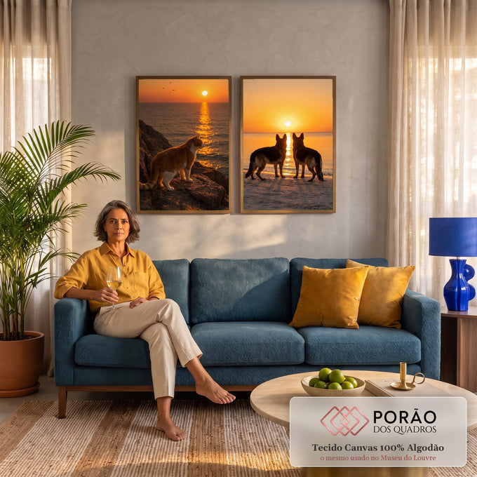 Quadro Decorativo Kit 2 Telas Gato e Cães para Sala Laranja | quadros decorativos para sala de estar | gato e dois cães observando o pôr do sol sobre o mar em cenas separadas | em ambiente 3 | Porao dos Quadros