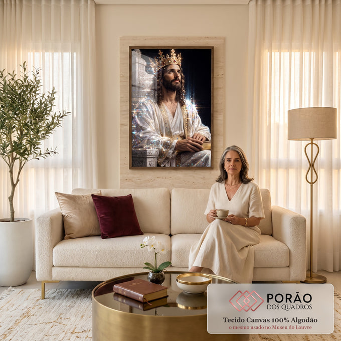 Quadro Decorativo Grande Jesus Rei para Sala Branco | quadros decorativos para sala de estar | homem coroado com manto branco e dourado segurando livro sagrado em trono iluminado | em ambiente 3 | Porao dos Quadros