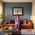 Quadro Decorativo Árvore das Quatro Estações em Tríptico | quadros decorativos para sala de estar | árvore estilizada em tríptico com folhas vermelhas, flores brancas e lilás | em ambiente 3 | Porao dos Quadros