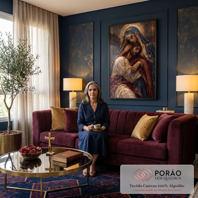 Quadro Decorativo Grande Pietà Nossa Senhora para Sala Azul | quadros decorativos para sala de estar | Nossa Senhora abraçando Jesus com coroa de espinhos, véu azul dourado | em ambiente 3 | Porao dos Quadros