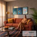 Quadro Decorativo Kit 3 Telas Flores Brancas para Sala Azul | quadros decorativos para sala de estar | tríptico com cosmos branca, dente-de-leão e cosmos rosa sobre fundos azuis | em ambiente 3 | Porao dos Quadros
