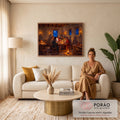 Jesus partindo o pão com os apóstolos em sala de pedra à luz de velas e lua cheia, quadro decorativo