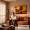 Mulher africana de perfil com turbante na savana com acácias ao pôr do sol laranja, quadro decorativo