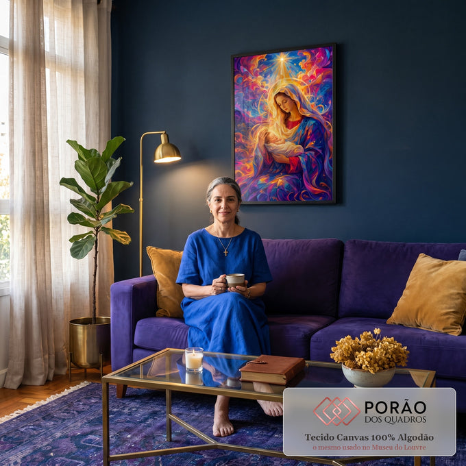 Quadro Decorativo Nossa Senhora com Menino Jesus e Estrela | quadros decorativos para sala de estar | Nossa Senhora segurando o Menino Jesus com estrela brilhante e fundo colorido abstrato | em ambiente 3 | Porao dos Quadros