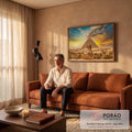 Quadro Decorativo Grande Pirâmide de Gizé para Sala Bege | quadros decorativos para sala de estar | Grande Pirâmide de Gizé e Esfinge sob céu de pôr do sol em tons laranja e azul | em ambiente 3 | Porao dos Quadros