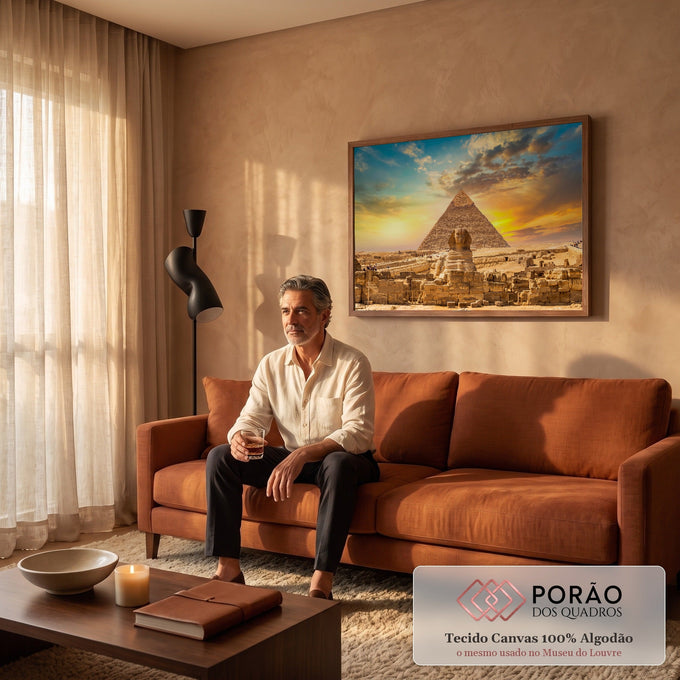 Quadro Decorativo Grande Pirâmide de Gizé para Sala Bege | quadros decorativos para sala de estar | Grande Pirâmide de Gizé e Esfinge sob céu de pôr do sol em tons laranja e azul | em ambiente 3 | Porao dos Quadros