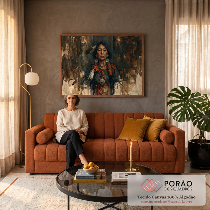 Retrato de anciã indígena com penas, brincos e colar turquesa sobre fundo terroso, quadro decorativo