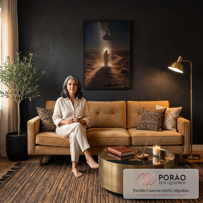 Quadro Decorativo Grande Jesus Caminhando para Sala Preto | quadros decorativos para sala de estar | figura de Jesus de manto branco caminhando em trilha deserta sob céu estrelado com auréola dourada | em ambiente 3 | Porao dos Quadros