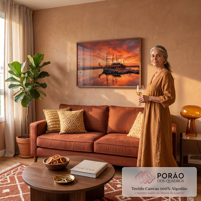 Quadro Decorativo Grande Veleiro Marina para Sala Laranja | quadros decorativos para sala de estar | veleiro atracado em marina sob céu alaranjado de pôr do sol com reflexo na água | em ambiente 3 | Porao dos Quadros