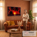 Quadro Decorativo Grande Pôr do Praia para Sala Vermelho | quadros decorativos para sala de estar | silhuetas de palmeiras emoldurando pôr do sol dourado sobre o mar com céu vermelho | em ambiente 3 | Porao dos Quadros