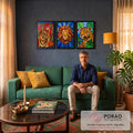 Quadro Decorativo Grande Trio com Leão para Sala Vermelho | quadros decorativos para sala de estar | trio de felinos tigre leão e onça em estilo vitral colorido | em ambiente 3 | Porao dos Quadros