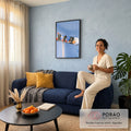 Quadro Decorativo Passarinhos e Ursinhos Fofos no Fio Azul | quadros decorativos para sala de estar | seis bichinhos fofos, pássaros e ursos, sentados num fio azul comendo waffle e bebendo refrigerante | em Quadros para Escritorio | Porao dos Quadros