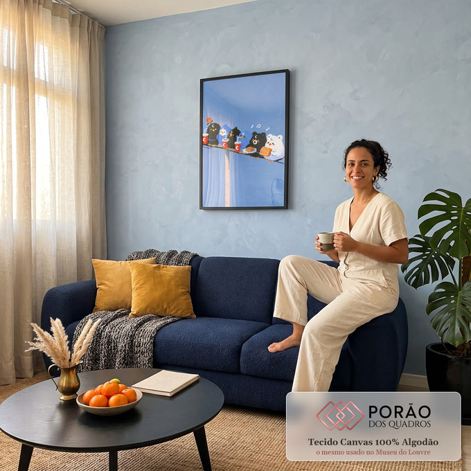 Quadro Decorativo Passarinhos e Ursinhos Fofos no Fio Azul | quadros decorativos para sala de estar | seis bichinhos fofos, pássaros e ursos, sentados num fio azul comendo waffle e bebendo refrigerante | em Quadros para Escritorio | Porao dos Quadros