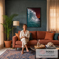 Onda do mar azul turquesa quebrando em tubo com espuma branca sob céu vermelho, quadro decorativo