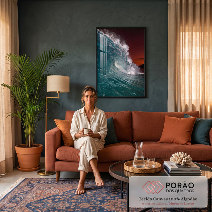Onda do mar azul turquesa quebrando em tubo com espuma branca sob céu vermelho, quadro decorativo