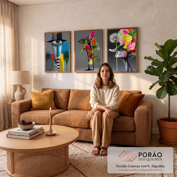 Quadro Decorativo Kit 3 Telas Rostos Dente-de-leão para Sala | quadros decorativos para sala de estar | tríptico surreal com rosto de um olho, escultura colorida e dente-de-leão florido | em ambiente 3 | Porao dos Quadros
