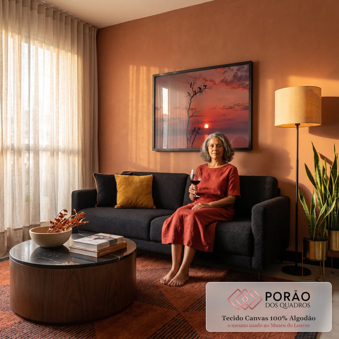 Quadro Decorativo Grande Corvos em Árvore para Sala Vermelho | quadros decorativos para sala de estar | corvos em silhueta sobre árvore seca com pôr do sol vermelho ao fundo | em ambiente 3 | Porao dos Quadros