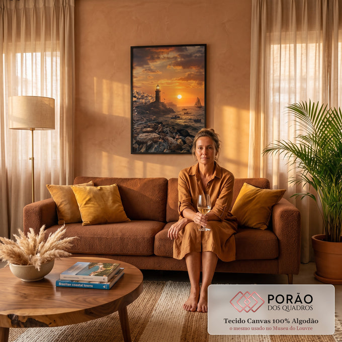 Farol nas rochas, vila grega branca, veleiro e gaivotas no mar ao pôr do sol laranja, quadro decorativo
