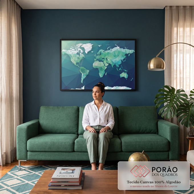Quadro Decorativo Grande Mapa Mundi para Escritório Verde | quadros decorativos para sala de estar | mapa-múndi geométrico em triângulos nas cores verde e azul | em ambiente 3 | Porao dos Quadros