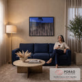 Quadro Decorativo Grande Pinheiro Solitário para Sala Azul | quadros decorativos para sala de estar | pinheiro em silhueta sobre penhasco rochoso ao entardecer com céu azul | em ambiente 3 | Porao dos Quadros