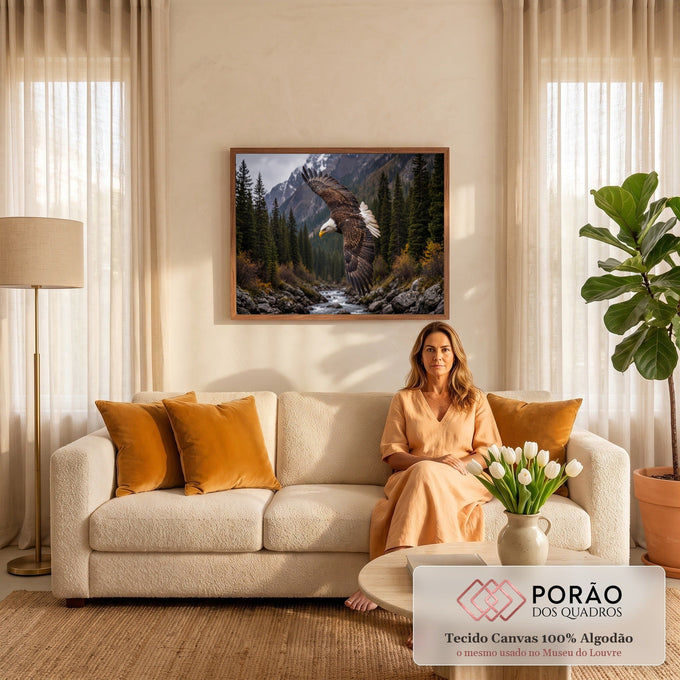 Quadro Decorativo Grande Águia Americana Marrom para Sala | quadros decorativos para sala de estar | águia de cabeça branca voando com asas abertas sobre vale montanhoso e floresta | em ambiente 3 | Porao dos Quadros