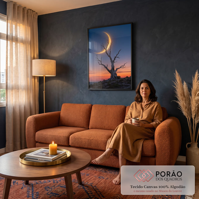 Árvore seca retorcida sob lua crescente dourada em céu azul e laranja do entardecer, quadro decorativo
