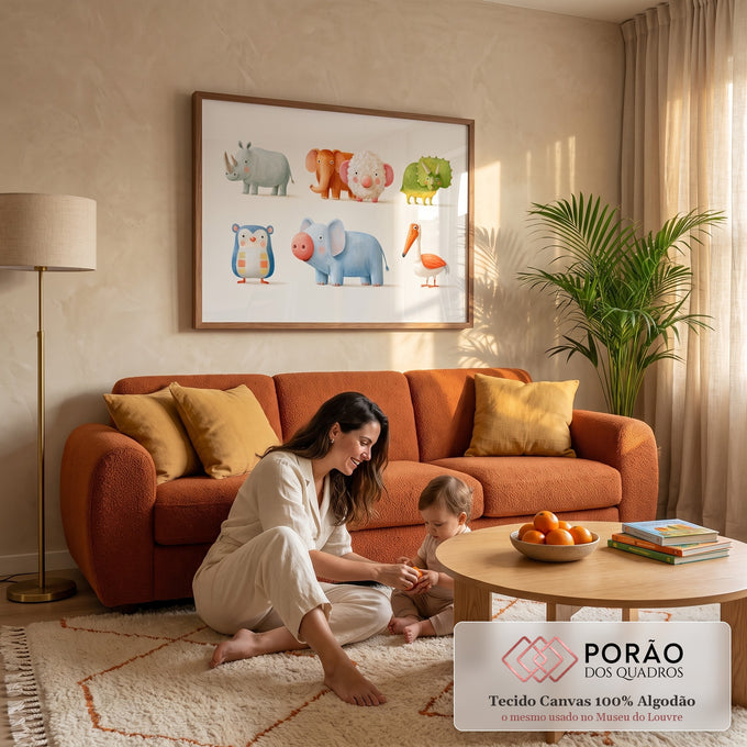 Ilustração de bichinhos fofos em tons pastel, rinoceronte, mamute, triceratops e pelicano, quadro decorativo