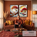 Quadro Decorativo Grande Árvore Vermelha Formatos para Sala | quadros decorativos para sala de estar | árvore com folhagem vermelha e dourada sobre sol branco, cercada de nuvens em relevo | em ambiente 3 | Porao dos Quadros