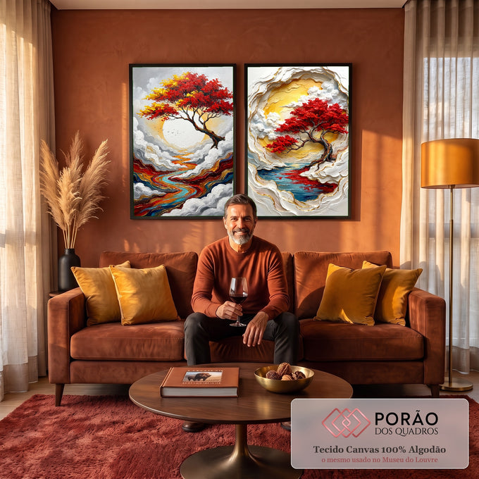 Quadro Decorativo Grande Árvore Vermelha Formatos para Sala | quadros decorativos para sala de estar | árvore com folhagem vermelha e dourada sobre sol branco, cercada de nuvens em relevo | em ambiente 3 | Porao dos Quadros