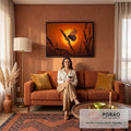 Quadro Decorativo Grande Borboleta na Grama para Sala | quadros decorativos para sala de estar | borboleta em silhueta pousada em espiga de grama contra sol alaranjado | em ambiente 3 | Porao dos Quadros