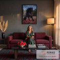 Cavalo preto de crina longa trotando em campo de flores vermelhas sob céu escuro, quadro decorativo