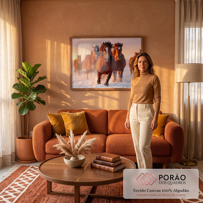 Quadro Decorativo Grande Cavalos Correndo para Sala Marrom | quadros decorativos para sala de estar | cavalos correndo na neve com crina ao vento sob céu de pôr do sol | em ambiente 3 | Porao dos Quadros