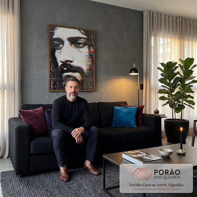 Quadro Decorativo Grande Rosto Masculino para Sala Preto | quadros decorativos para sala de estar | rosto masculino com barba em efeito glitch digital e distorção cromática | em ambiente 3 | Porao dos Quadros