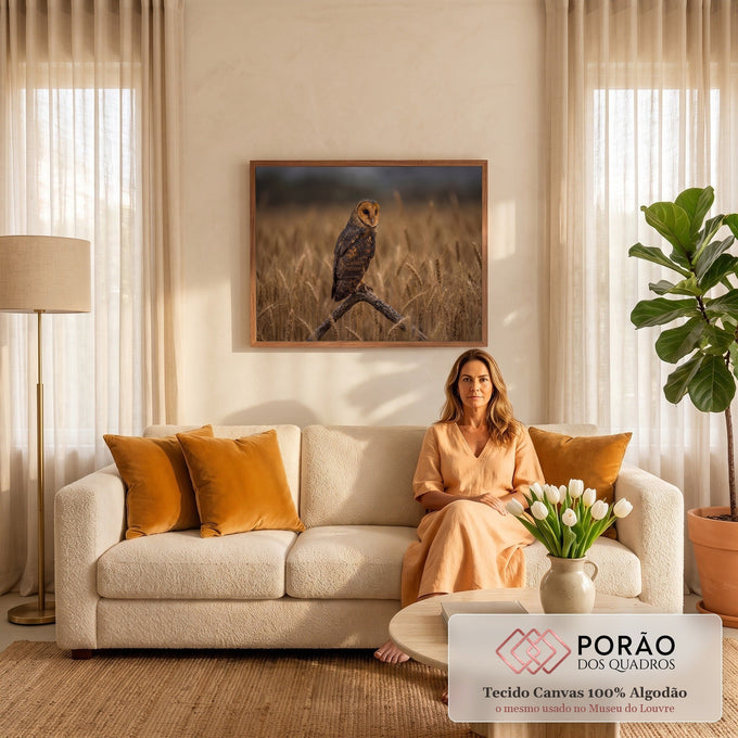 Coruja de plumagem marrom pousada em galho seco no meio de um campo de trigo dourado, quadro decorativo