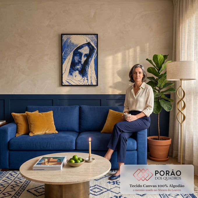 Quadro Decorativo Retrato Feminino em Pixel Art Azul e Bege | quadros decorativos para sala de estar | retrato feminino de véu em textura pixelada azul e preta com olhos azuis vivos | em ambiente 3 | Porao dos Quadros